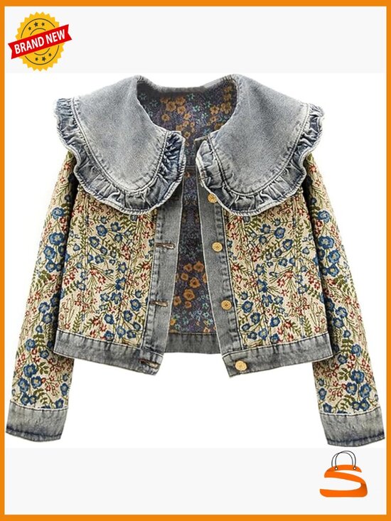 Jackets & Blazers - Peter Pan Collar Jacquard Denim Jacket Long Sleeve Button Up